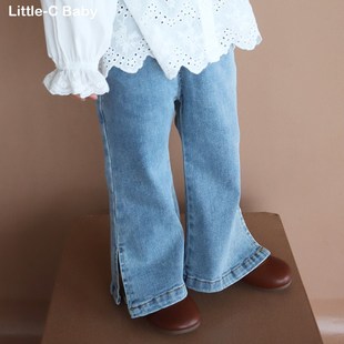 弹力长裤 时髦复古文艺 微喇叭全棉牛仔裤 新款 子 韩国女童2024春装
