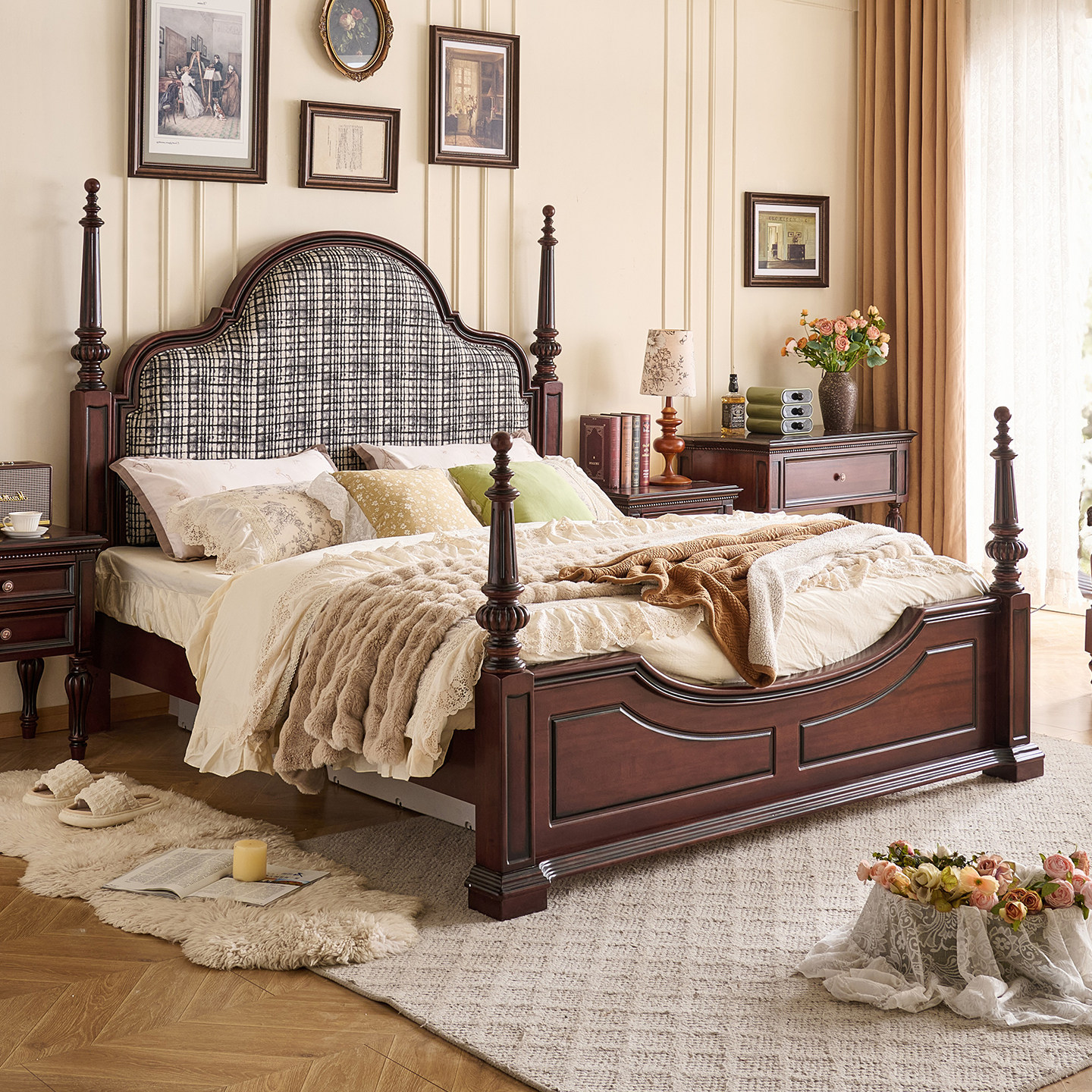 悦木时光美式乡村复古全实木床1.8米主卧软包双人床胡桃木布艺床