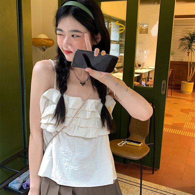 现货甜辣少女绿色褶皱设计吊带背心女夏季短款无袖小众小个子上衣