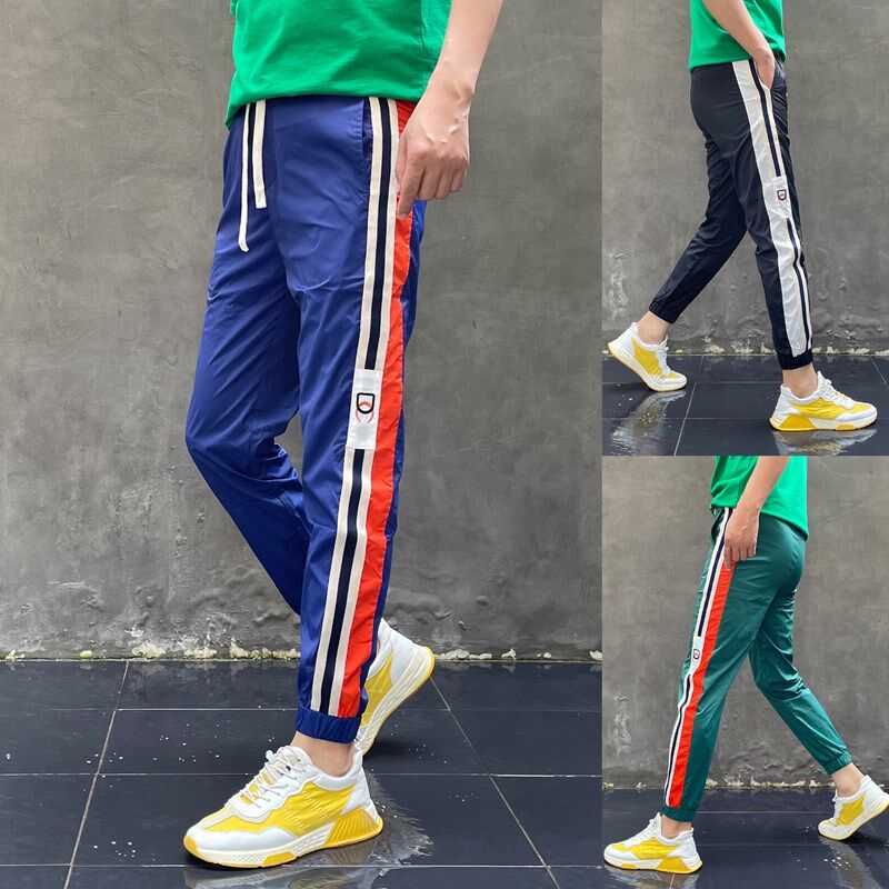 夏季薄款条纹冰丝速干休闲裤男士修身个性九分裤潮牌小脚运动裤子