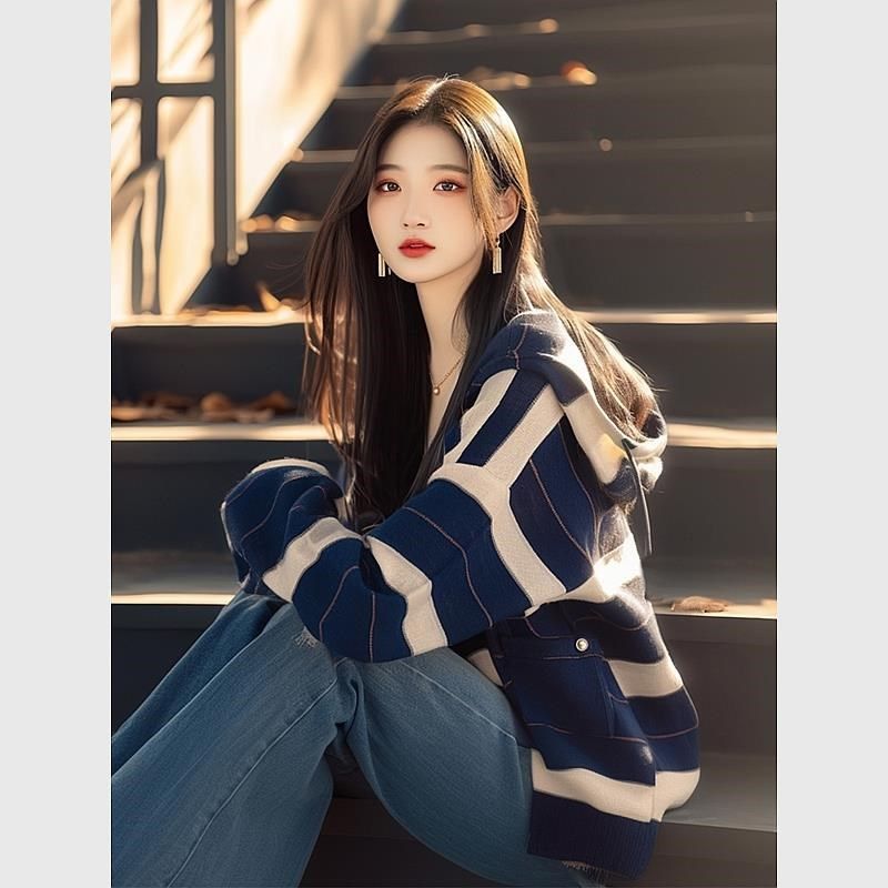 2024年秋爆款时尚洋气韩系慵懒风宽松撞色条纹针织连帽卫衣外套女,女装/女士精品,大码内搭,淘宝优惠券,粉丝福利购,淘宝优惠卷