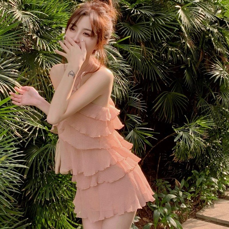 甜美挂颈洋装女夏季粉色温柔高级感修身显瘦无袖气质a字短裙子,女装/女士精品,大码连衣裙,淘宝优惠券,粉丝福利购,淘宝优惠卷