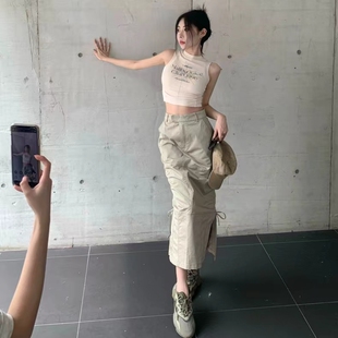 女2024新款 套装 美式 甜辣短款 半身裙子 今年流行 背心上衣工装 夏装