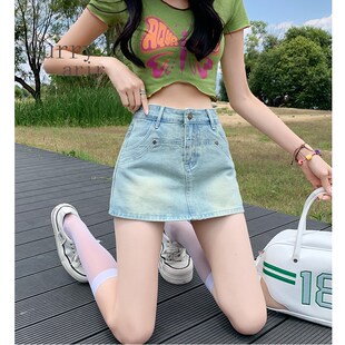 浅蓝牛仔半身裙女2024新款高腰辣妹小个子百搭显a字包臀超短裤裙