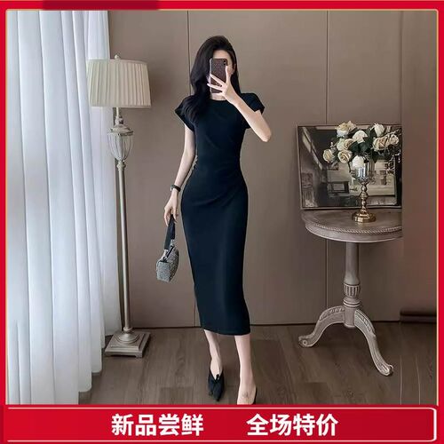 法式休闲t恤连衣裙夏季女2024新款修身收腰过膝长款包臀裙子女夏