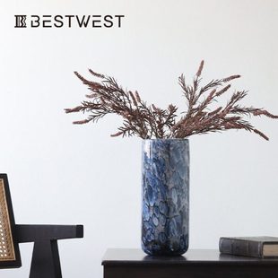 博西家居蓝色鹅卵石直筒柱状水培玻璃花瓶家居花器软装饰品