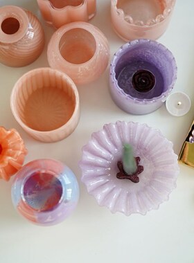 满60包邮 人工吹制紫色桔色w粉烛台小花瓶  2412T10 手工器皿