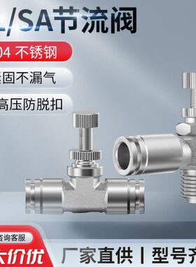 304不锈钢气管快速接头管道式节流阀调速阀SL6-01/8-02/10-03SA-8