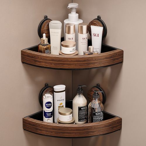 胡桃木吸盘置物架浴室厕所t卫生间架子免打孔收纳淋浴洗手间三角