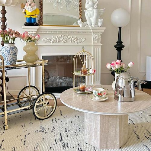 奶油风法式c中古风茶几客厅家用小户型现代简约洞石岩板咖啡桌