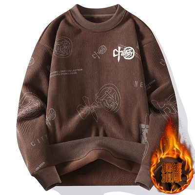 卫衣男款冬季加绒加厚无帽宽松圆领衣服青少年学生初中生男生衣服