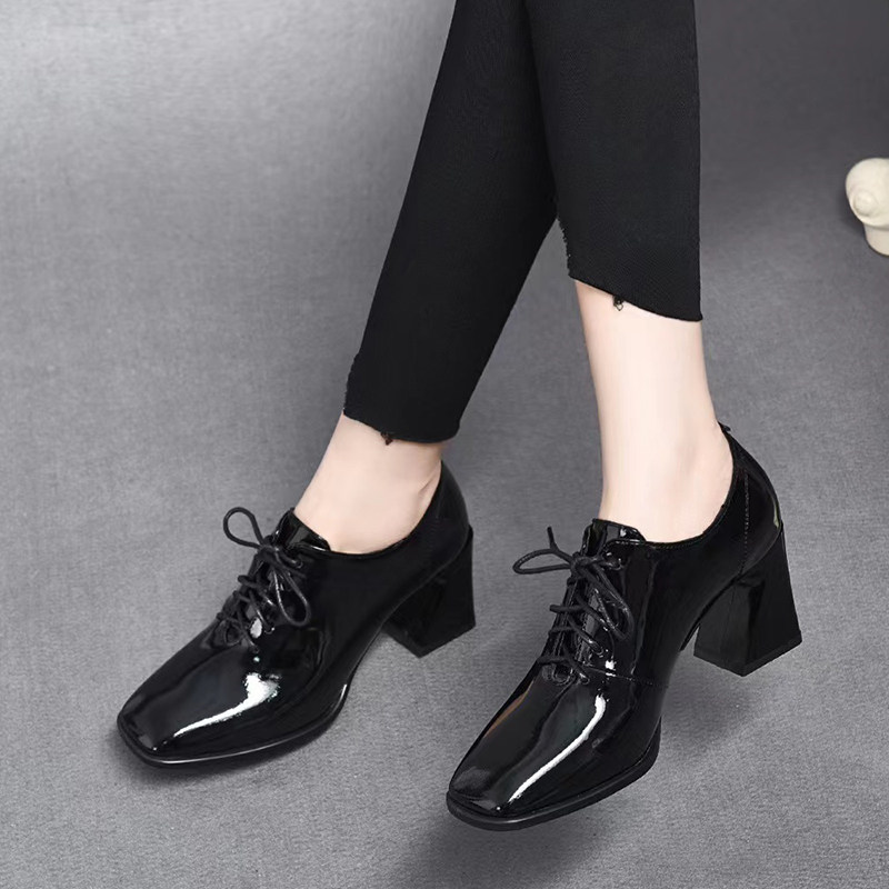 时尚休闲春秋真皮粗跟深口单鞋英伦风系带方头小皮鞋亮皮女高跟鞋,女鞋,深口单鞋,淘宝优惠券,粉丝福利购,淘宝优惠卷