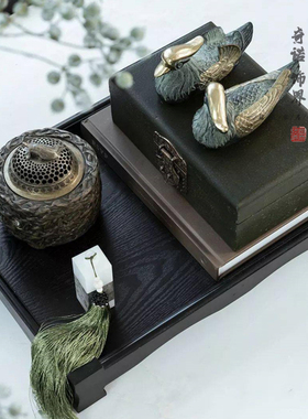客厅茶几摆件铜鸳鸯香炉印章流苏新中式样板房间茶室软装托盘组合