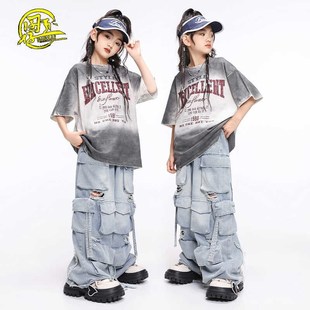 儿童街舞潮服少儿hiphop架子鼓演出服男女童潮牌T恤牛仔裤 练功服