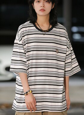 弎狸TIP日系复古条纹短袖T恤夏季宽松情侣圆领五分袖撞色上衣潮牌