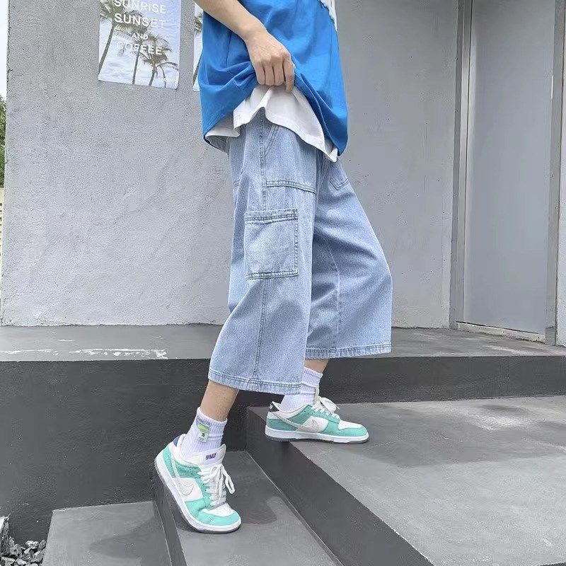 夏季复古水洗松紧腰牛仔短裤男士宽松直筒bf炸街抽绳阔腿七分裤子,男装,牛仔裤,淘宝优惠券,粉丝福利购,淘宝优惠卷