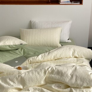 森系少女心提花水洗棉四件套全棉纯棉被套床单超柔简约床上4件套