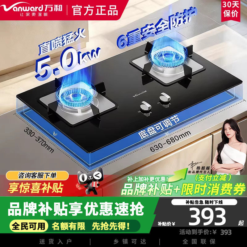 万和B7L51天然气燃气灶5kW猛火一级能效家用煤气双炉具台6重安防