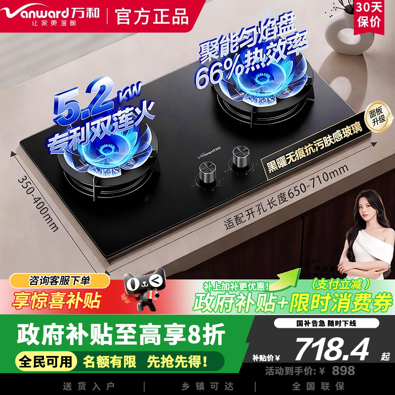 万和蓝莲花C7L50无痕面板天然气燃气灶5.2kW猛火嵌入式家用双炉台