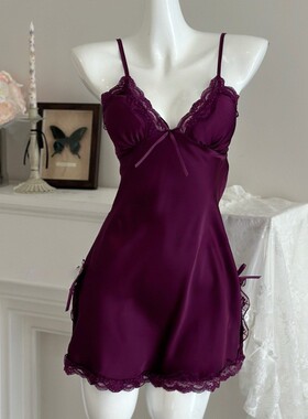 高级感带胸垫深紫色深V吊带睡裙性感显白冰丝睡衣家居服两件套装