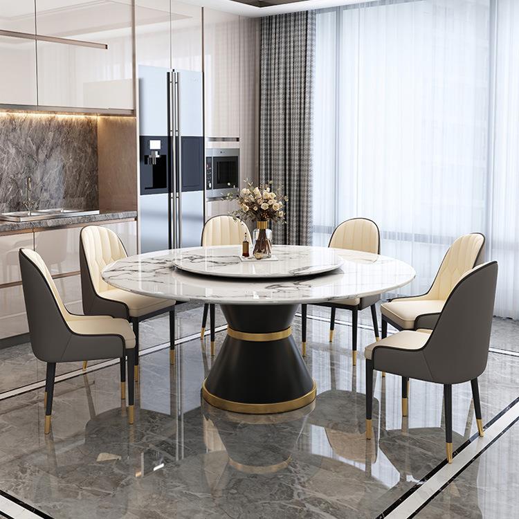 北欧大理石餐桌后现代简约轻奢实木圆桌带转盘餐厅岩板餐桌椅组合