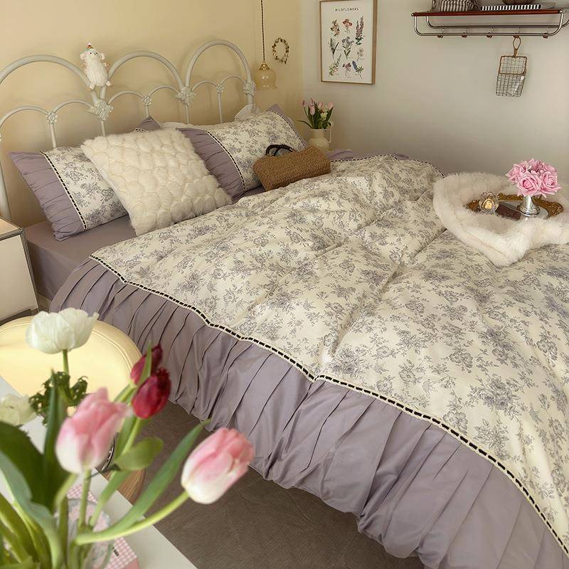 法式复古全棉四件套公主风褶皱纯棉被套小碎花床单少女心床上用品