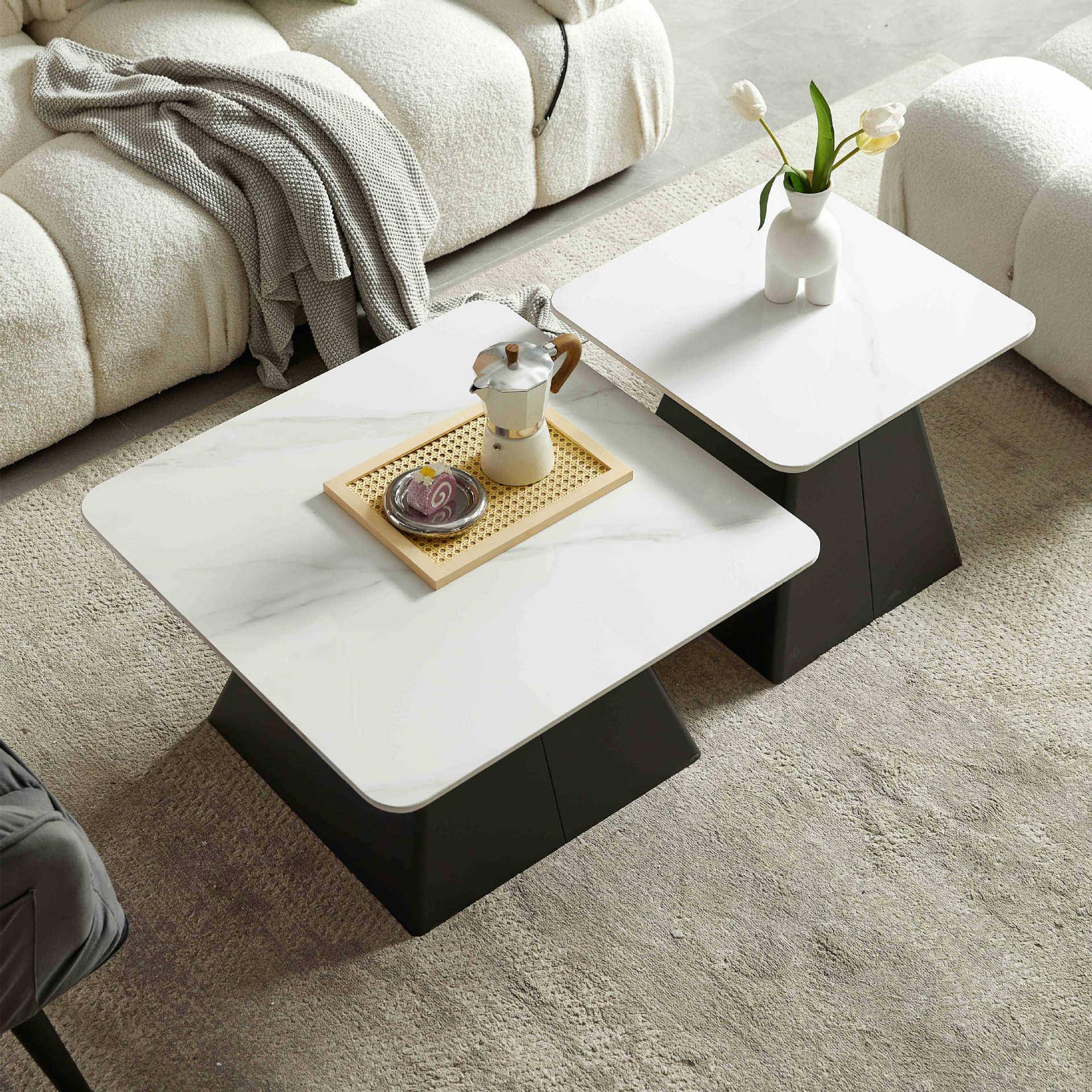 意式轻奢小户型客厅家用现代简约方形极简高级感圆角岩板茶几组合