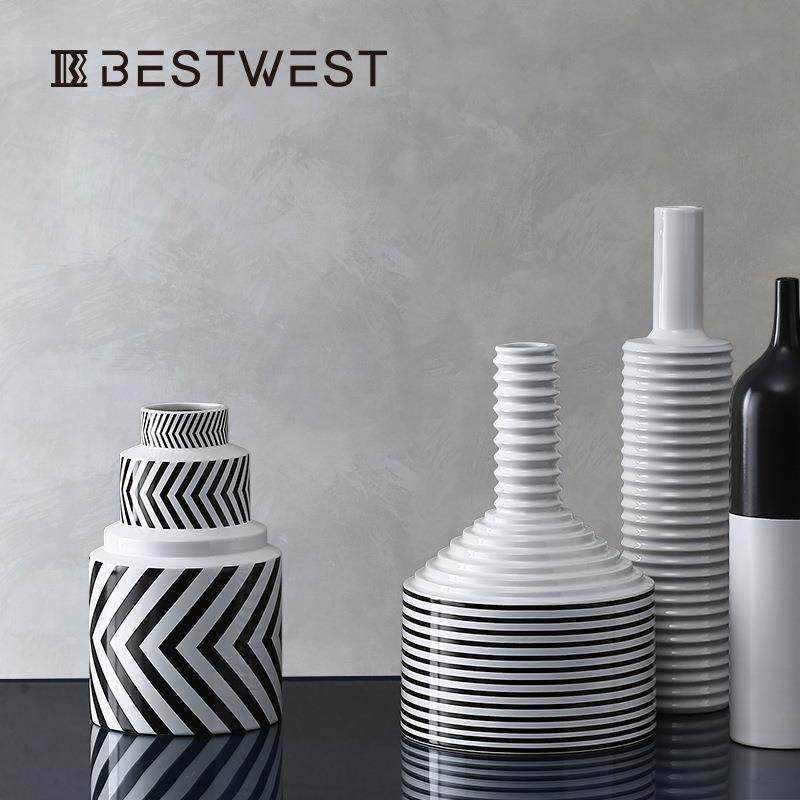博西新品现代几何黑白条纹陶瓷花瓶创意家居样板间软装设计
