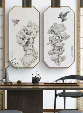 新中式八边形玄关装饰画茶室书房竖版风水招财石头画时来运转国画