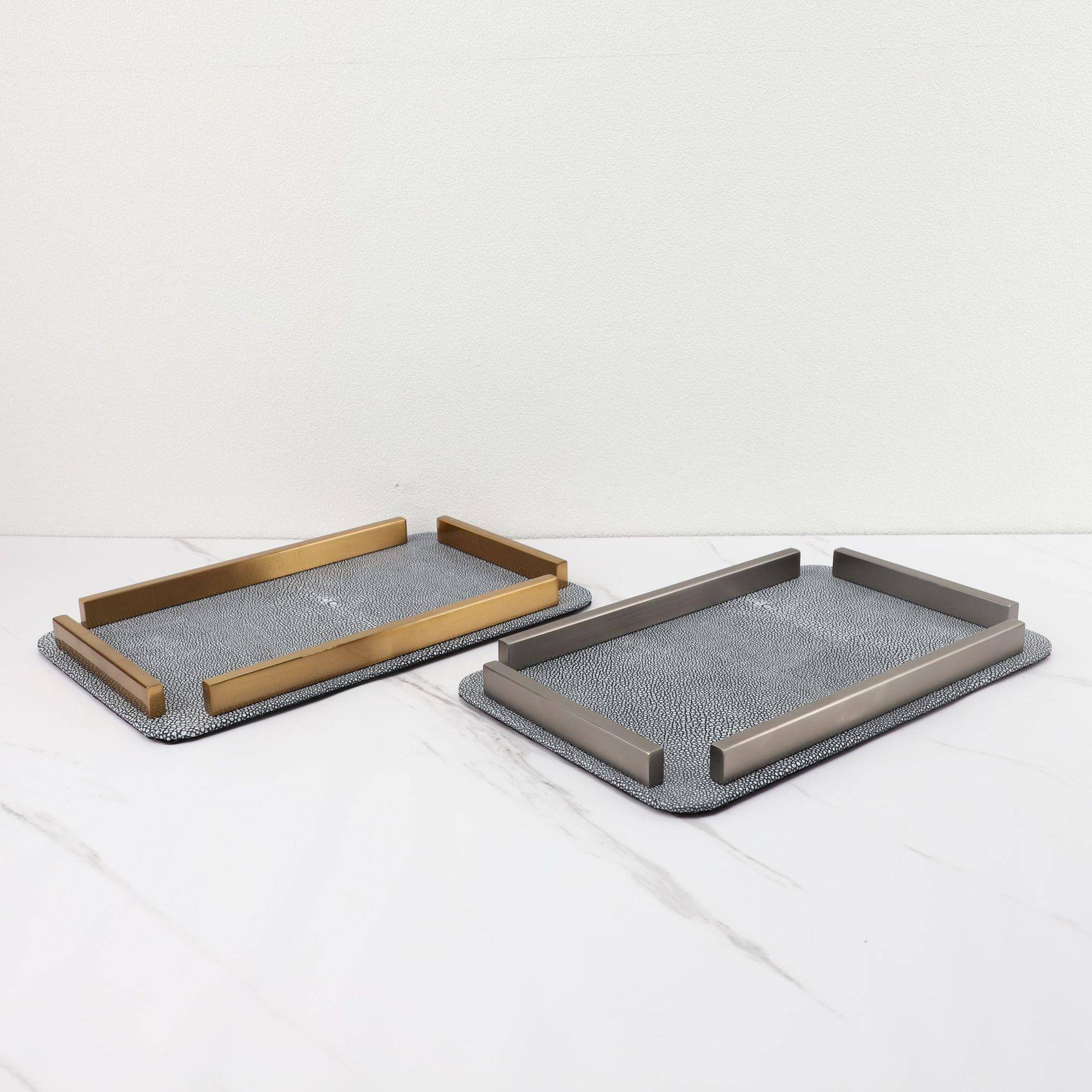 欧式简约金属皮革收纳托盘软装饰品客厅茶几书房样板间工艺品摆件