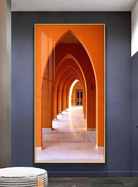 玄关装饰画竖版走廊过道挂画延伸空间简约现代轻奢壁画橙色样板房