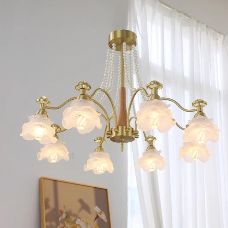 法式复古全铜吊灯8头艺术玻璃灯罩美式复古田园客厅卧室餐厅灯具