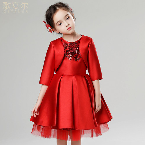 儿童礼服公主裙女童晚礼服小花童蓬蓬裙长袖钢琴演出服红走秀秋冬