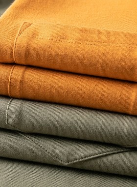 橘黄色270g重磅纯棉短袖口袋t恤 褐绿色咔叽复古纯色宽松体恤男女