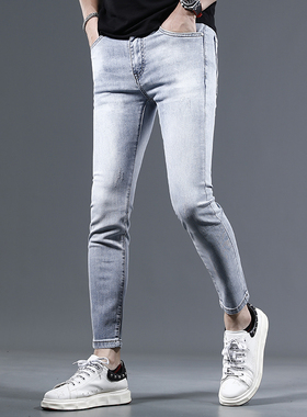 夏季薄款九分牛仔裤男修身小脚裤浅蓝色弹力休闲男士裤子9分夏天
