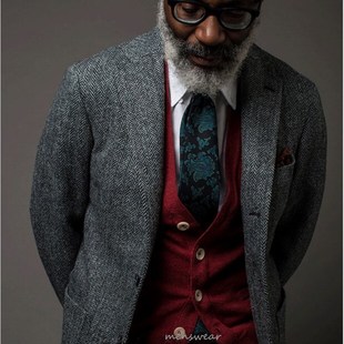 西服外套休闲单西灰色西装 男士 上衣 加厚英伦复古人字纹修身 秋冬款