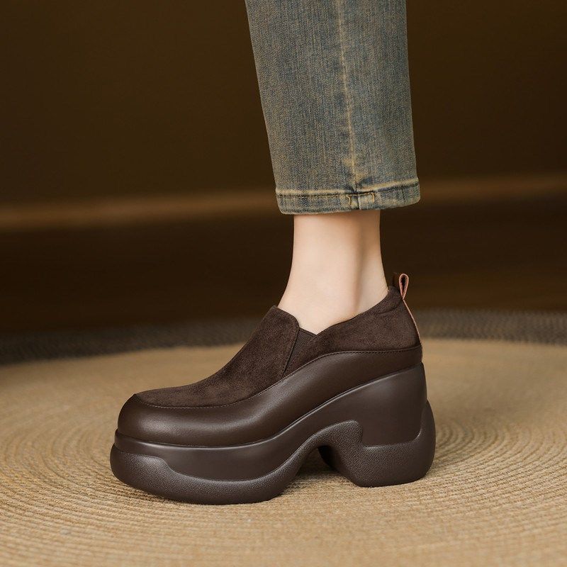 厚底单鞋女超高跟防水台小皮鞋显瘦复古坡跟圆头磨砂真皮松糕女鞋,女鞋,深口单鞋,淘宝优惠券,粉丝福利购,淘宝优惠卷