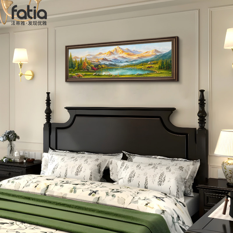 卧室床头挂画主卧房间装饰画聚宝盆山水画美式风景油画壁画高级感