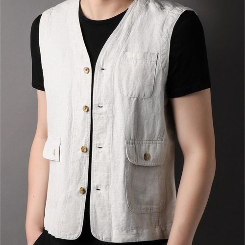 亚麻开衫背心男春夏季V领户外钓鱼工装马甲中国风棉麻马夹外套潮