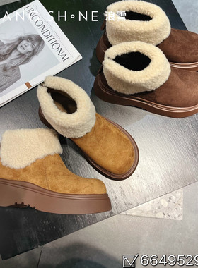 麂皮绒羊羔毛翻领毛毛鞋女2025冬季新款超高跟6cm加绒保暖雪地靴