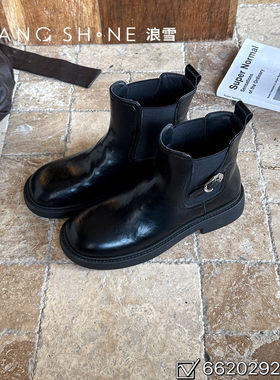 真皮英伦风黑色切尔西靴女平底短靴金属扣软底显脚小马丁靴