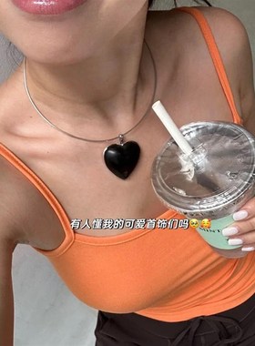 25年新款黑檀木爱心耳环吊坠项圈小众设计轻奢高级感项链个性气质