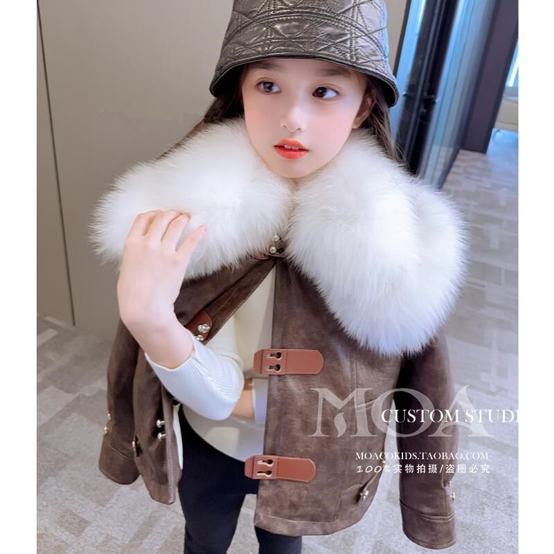 韩国女童羽绒服2024新款洋气冬季加厚真大毛领皮衣儿童仿皮草外套
