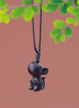 黑檀木立体生肖老鼠项链吊坠毛衣链挂件可调节绳小孩成人礼物配饰