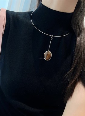 区别市面 新中式木纹石贝母925银弹力项圈白月光项链设计感毛衣链