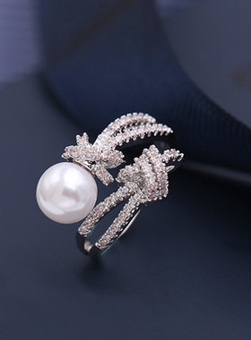 时尚绳结珍珠戒指女生微镶锆石食指指环2021新款个性气质开口戒指