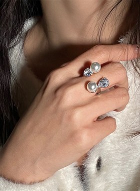 韩国小众设计感不对称珍珠锆石气质简约个性高级感开口戒指食指戒