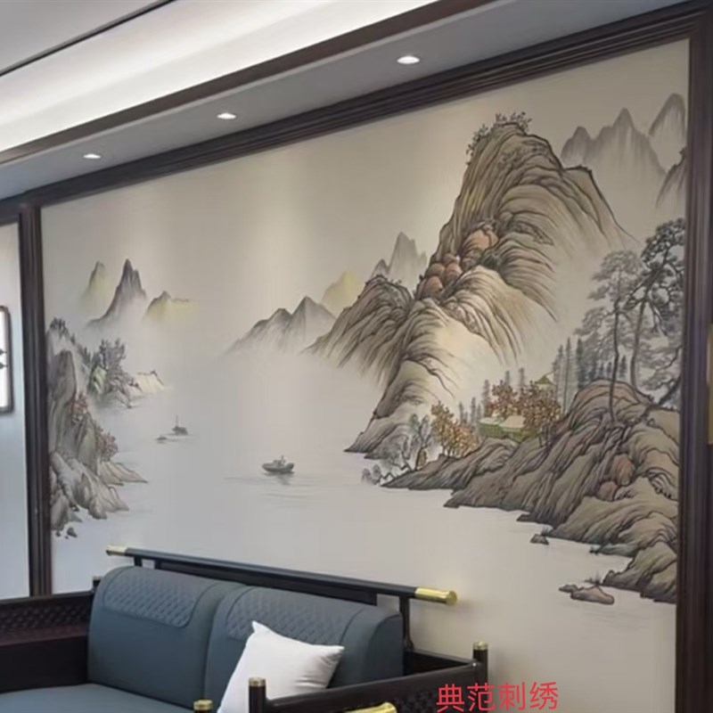 新中式山水电视独绣山水背景墙纸E客厅沙发卧室刺绣无缝独秀图