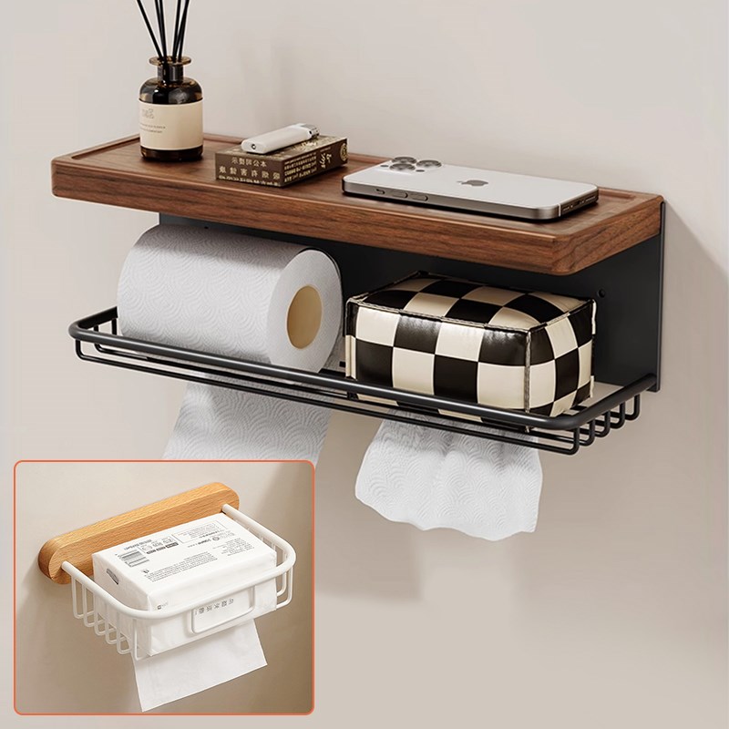 胡桃木卫生间纸巾l盒壁挂式免打孔厕所卷纸架浴室抽纸置物架