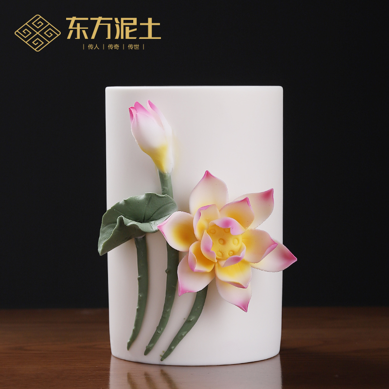 陶瓷莲花笔筒中国风n摆件办公室桌面收纳毕业教师节送礼老师礼物